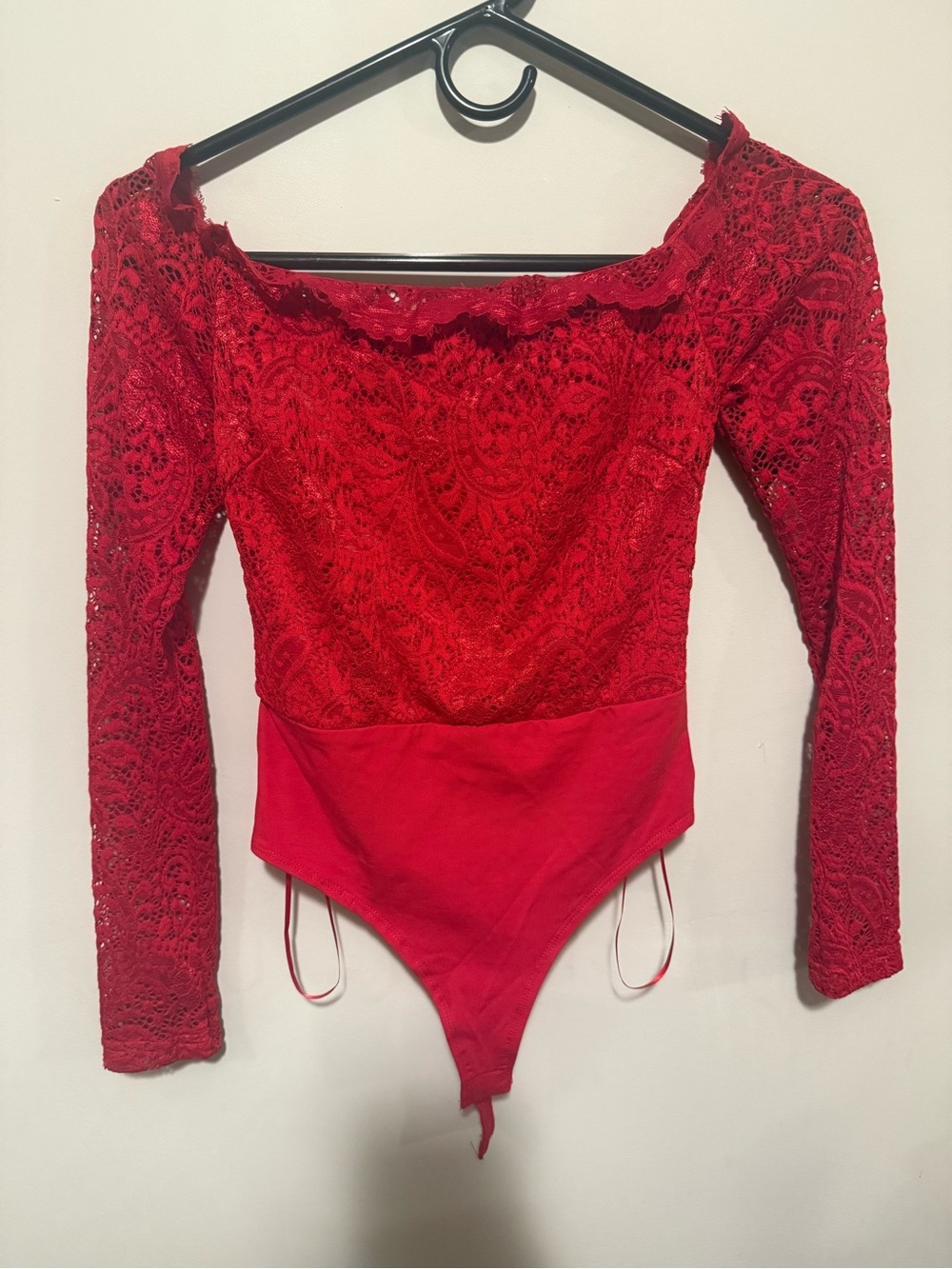 Fashion Nova Red Lace Long Sleeve Bandeau Bodysuit